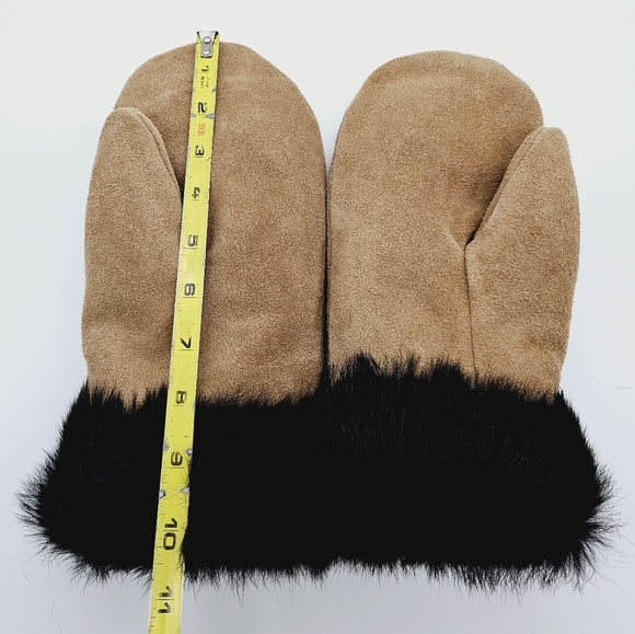 HANDMADE | suede leather fur trimmed plush lined winter mits mittens - Picture 6 of 7